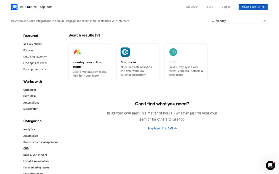 The Intercom App Store search for monday, returning monday.com in the Inbox, Coupler.io and Unito