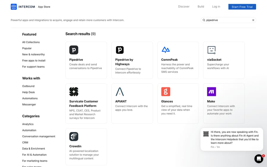 The Intercom App Store search for Pipedrive, showing nine results including two Pipedrive apps