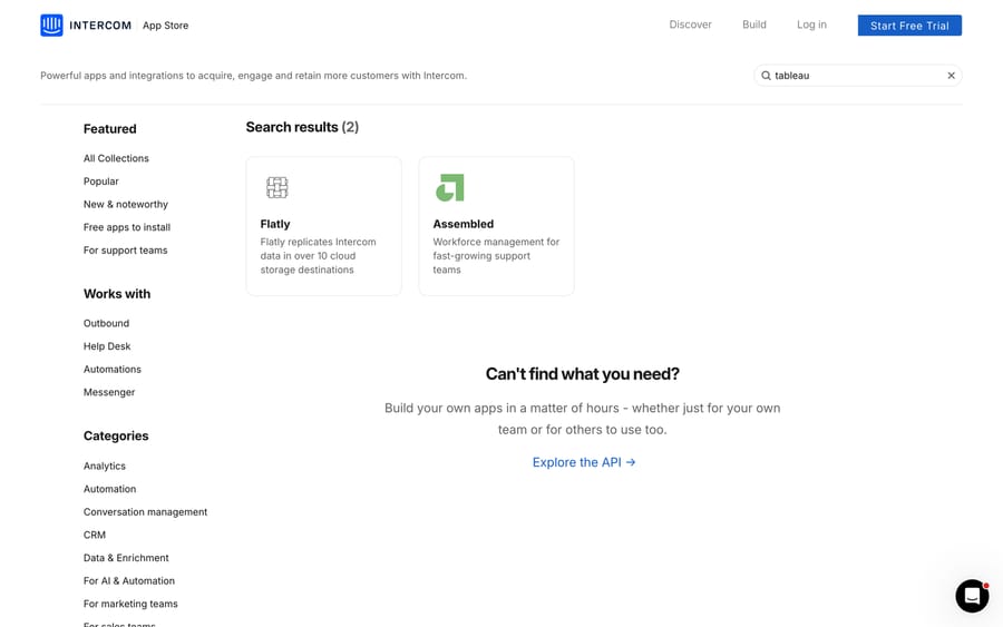 The Intercom App Store search for Tableau, returning only Flatly and Assembled