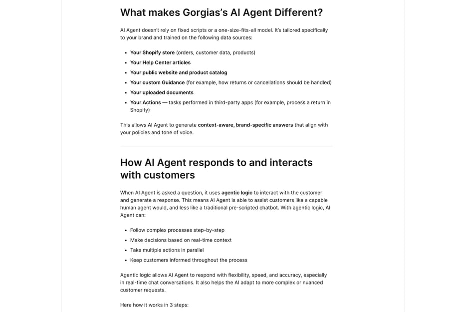 Gorgias docs listing the six data sources AI Agent draws on, from the Shopify store to custom Guidance and Actions