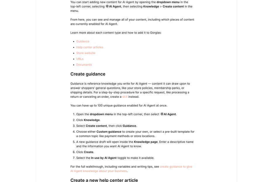 Gorgias docs showing the Knowledge menu, the five content types and the 100-guidance limit