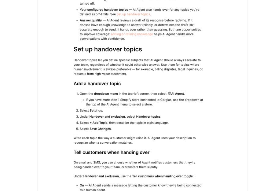Gorgias docs: the Add a handover topic steps and the Tell customers when handing over toggle