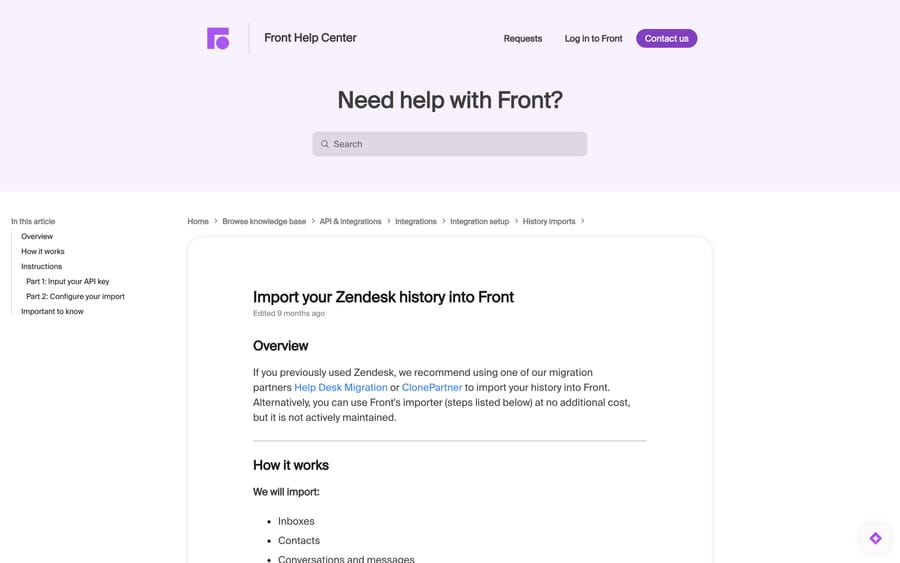 Front's help article "Import your Zendesk history into Front", with its Overview and Instructions sections