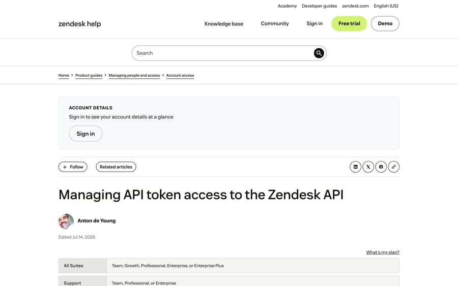 Zendesk's "Managing API token access to the Zendesk API" article showing the Admin Center path to API tokens
