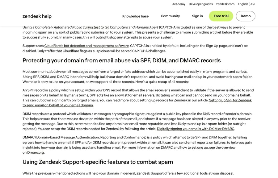 Zendesk's documentation confirming CAPTCHA runs on Cloudflare bot detection, is on by default and can't be disabled
