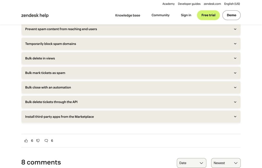 Zendesk's spam article listing cleanup routes: block domains, bulk delete, mark as spam, automation and API