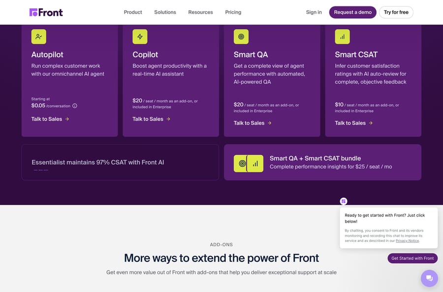 Front's pricing page AI add-ons block showing Autopilot, Copilot, Smart QA and Smart CSAT prices