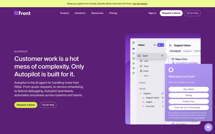 Front's Autopilot product page with the bring-your-own-agents waitlist banner across the top