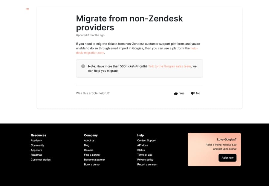 Gorgias doc on migrating from non-Zendesk providers, pointing at help-desk-migration.com and the 500-tickets note
