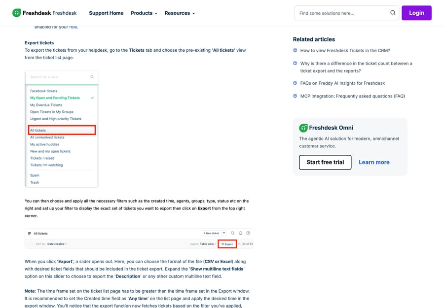 Freshdesk support doc showing the All tickets view, the Export button and the CSV or Excel format choice