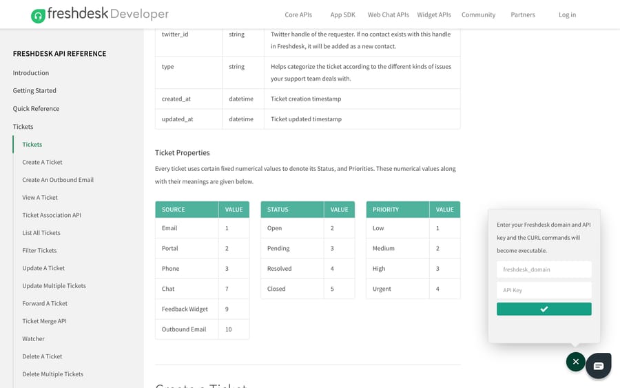 Freshdesk's API reference showing the Ticket Properties table with numeric status, source and priority values