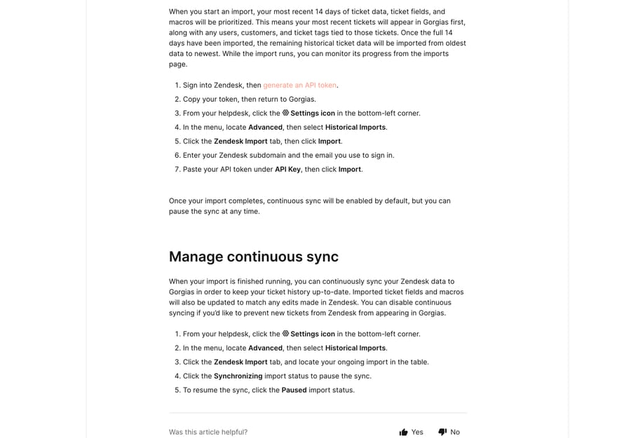 Gorgias docs showing the seven Zendesk import steps and the Manage continuous sync instructions