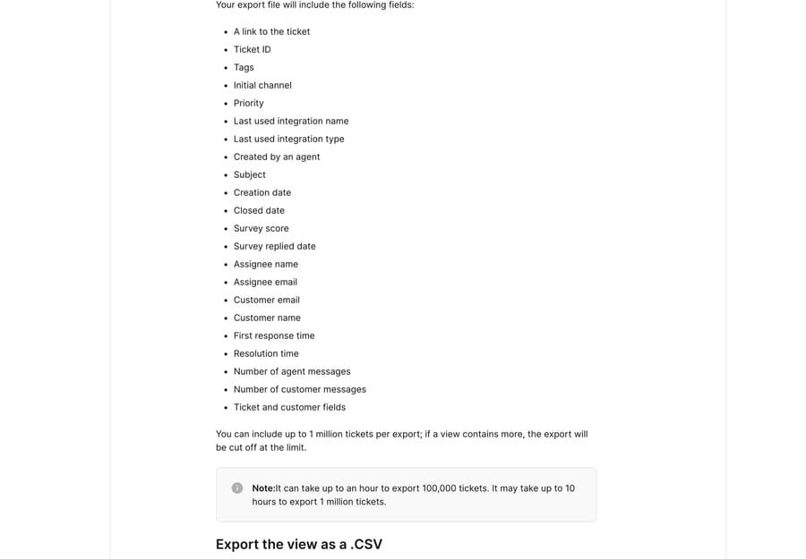 Gorgias export doc listing the CSV fields, the 1 million ticket cap and the export timing note