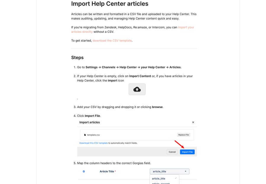 Gorgias docs on importing Help Center articles by CSV or directly from Zendesk, HelpDocs, Re:amaze and Intercom