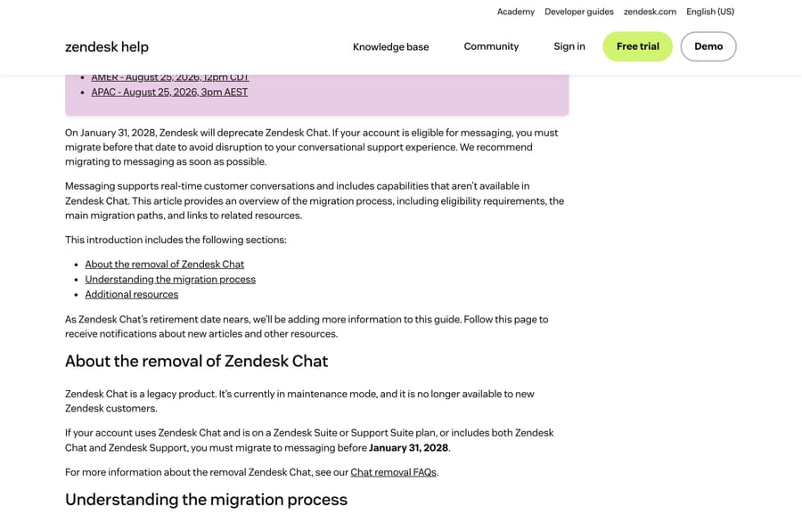 Zendesk's notice that Chat will be deprecated on January 31, 2028 and is in maintenance mode