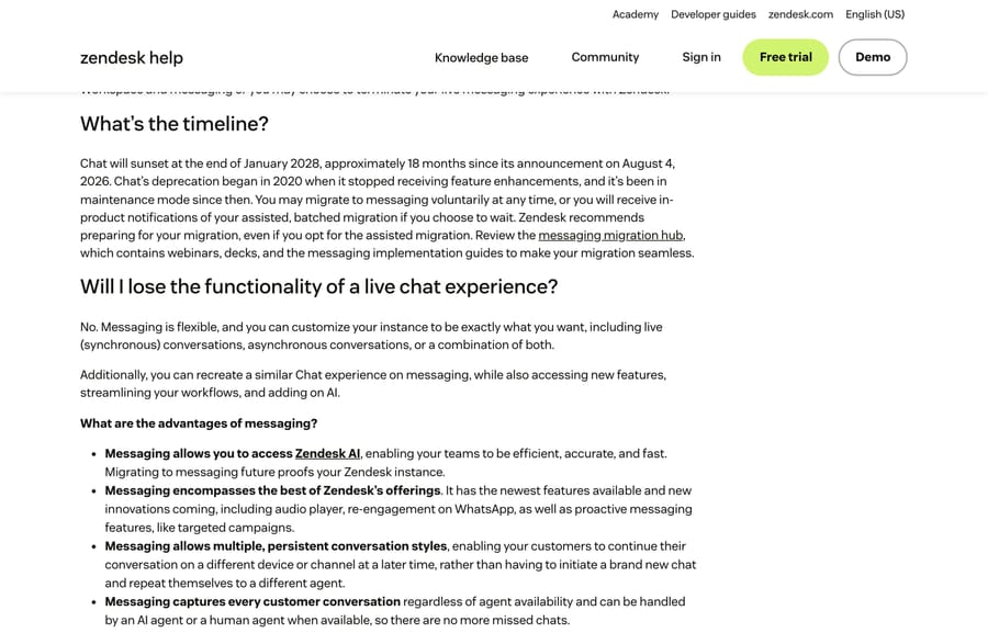 Zendesk's timeline answer: Chat sunsets end of January 2028, announced August 4, 2026, in maintenance mode since 2020