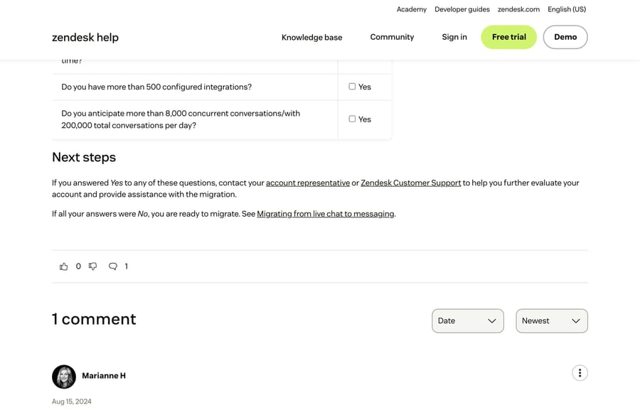 Zendesk's migration self-assessment, including the 500-integration and 8,000-concurrent-conversation thresholds