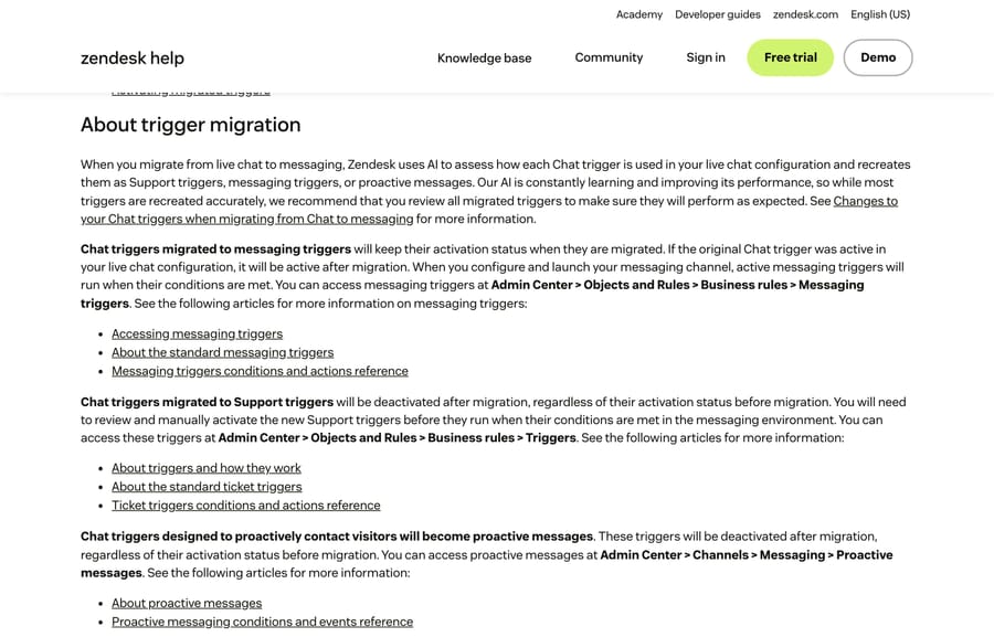 Zendesk's trigger migration doc explaining the three outcomes and which ones arrive deactivated