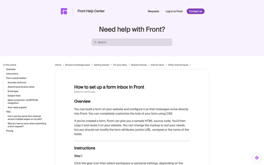 Front's "How to set up a form inbox in Front" article with its instructions and FAQ sections
