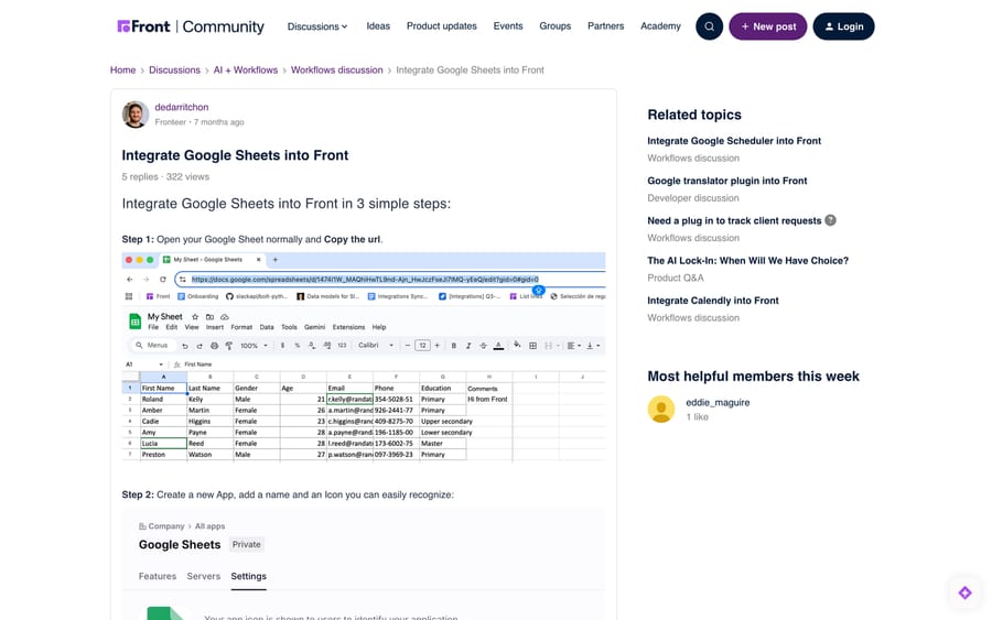 Front community thread "Integrate Google Sheets into Front" with the three-step sidebar plugin method