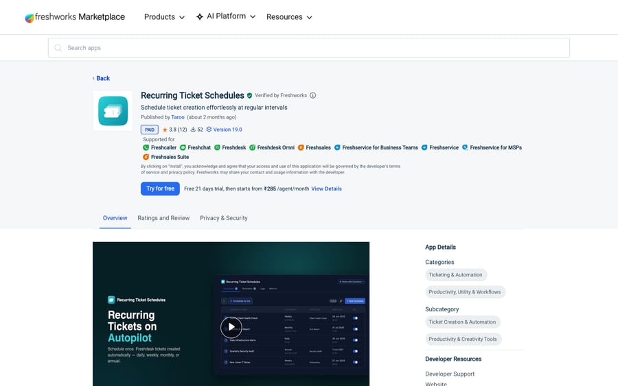 The Recurring Ticket Schedules listing on the Freshworks Marketplace, showing 52 installs and the rupee price