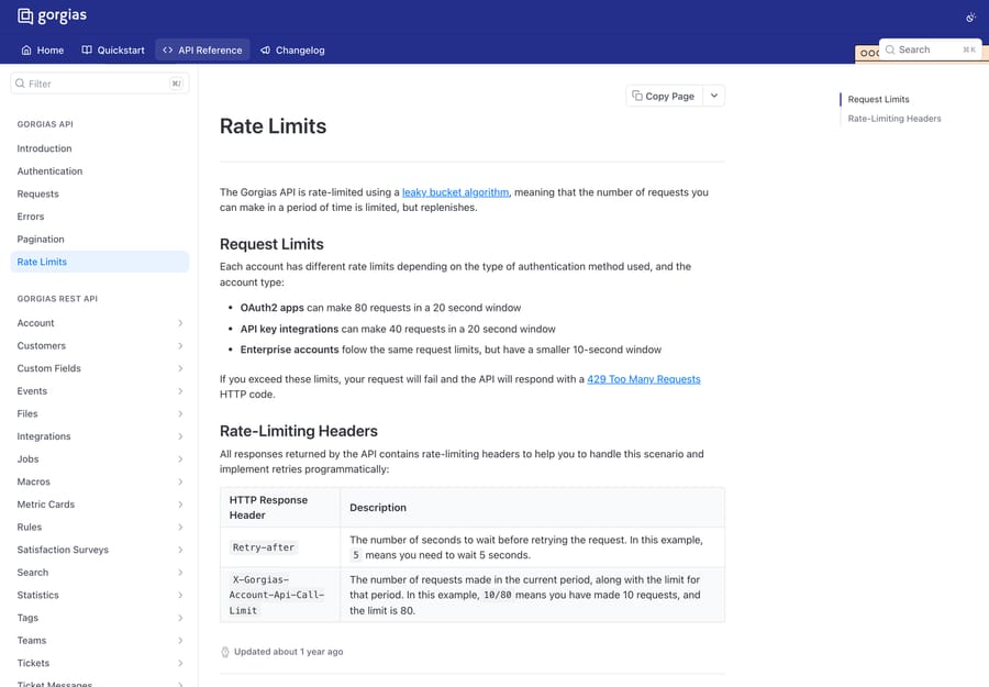 Gorgias developer docs Rate Limits page showing the OAuth2, API key and Enterprise limits and the two rate-limiting headers