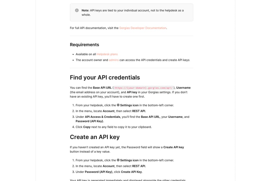 Gorgias docs showing the Settings, Account, REST API path and the API Access and Credentials panel