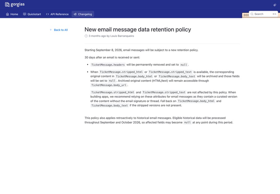Gorgias developer changelog describing the email message retention policy taking effect 8 September 2026