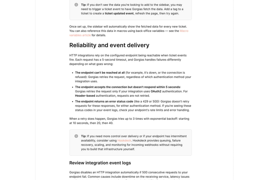 Gorgias docs on HTTP integration reliability: the 5-second timeout and the 10, 20, 40 second retry backoff