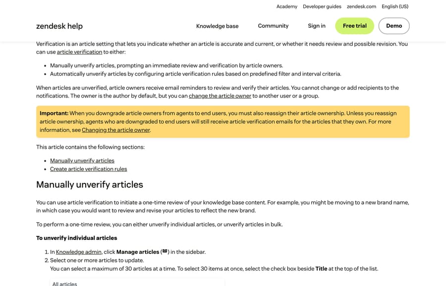 Zendesk's article verification doc: manual unverification, automatic rules, and the owner-reassignment warning