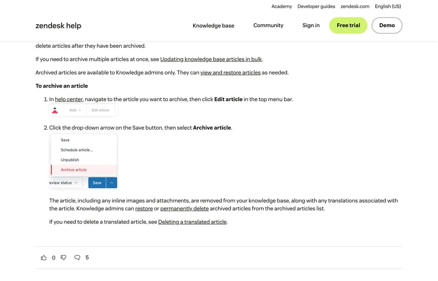 Zendesk's article Save menu showing Schedule article, Unpublish and Archive article, with the archiving consequences