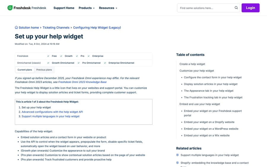 Freshworks 'Set up your help widget' article showing the plan matrix and the widget's documented capabilities