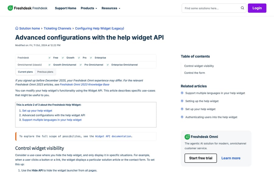 Freshworks documentation for advanced configurations with the help widget API