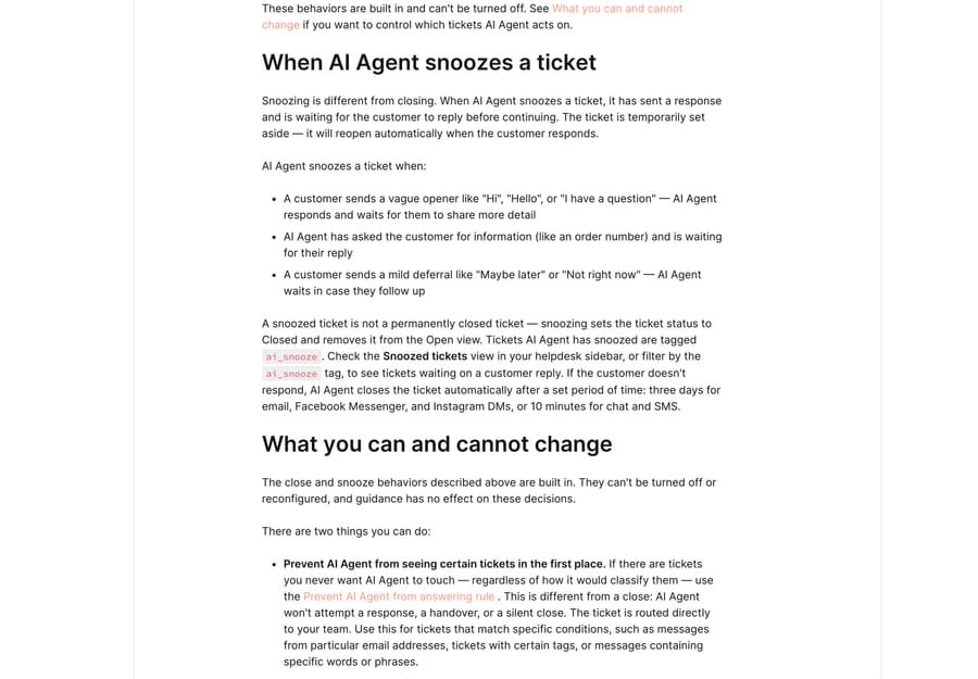 Gorgias docs explaining when AI Agent snoozes, the ai_snooze tag and the three-day and 10-minute auto-close windows
