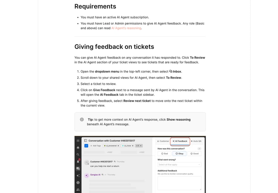 Gorgias docs showing the To Review view, Give Feedback and the AI Feedback tab in the ticket sidebar