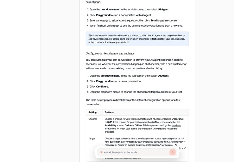 Gorgias docs on test conversations, listing what the Playground does and does not simulate