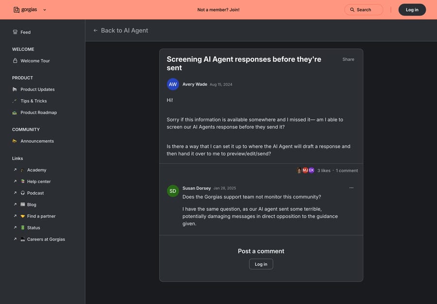 Gorgias community thread asking whether AI Agent responses can be previewed and edited before sending