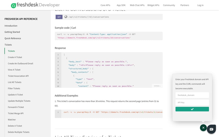 Freshdesk developer docs for List All Conversations of a Ticket, showing body_text in the response
