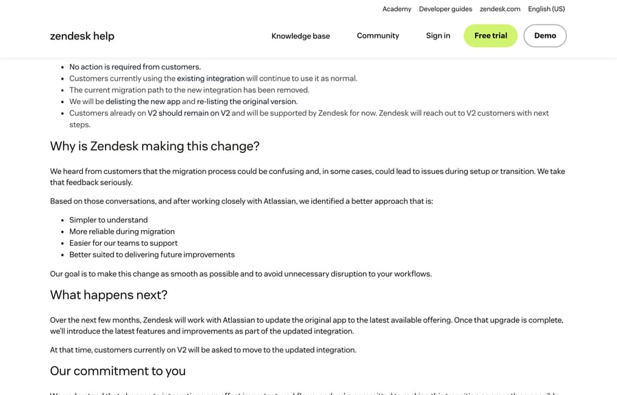Zendesk's April 2026 announcement that the v2 migration path was removed and the original app re-listed