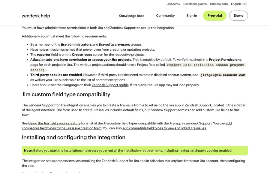 Zendesk's install requirements: Jira groups, the reporter field, the add-ons project role and third-party cookies