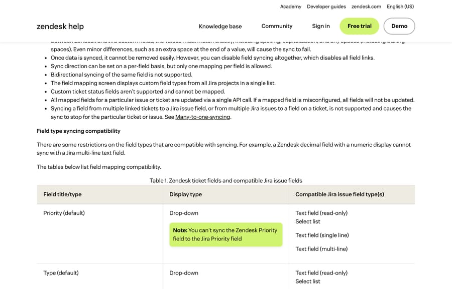 Zendesk's field syncing limitations, including one mapping per field and no bidirectional sync of the same field