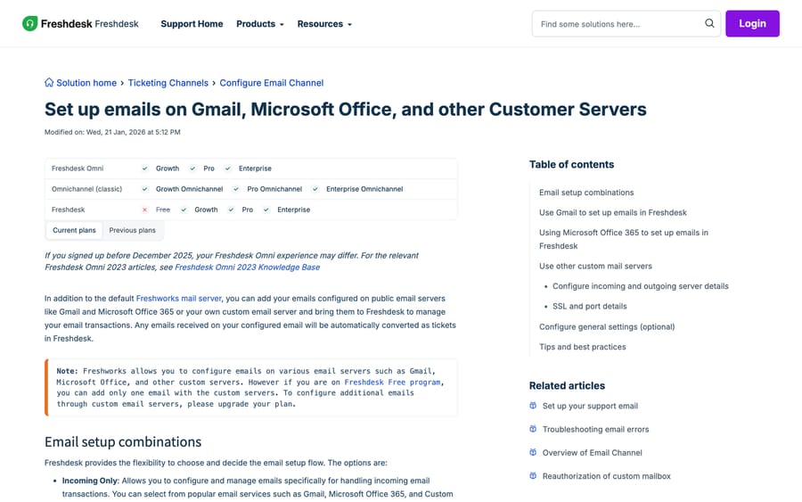 Freshworks article on using custom email servers, showing the provider options and port settings