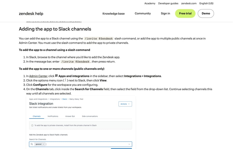 Zendesk's Slack integration Channels tab in Admin Center, with the note that private channels need the slash command