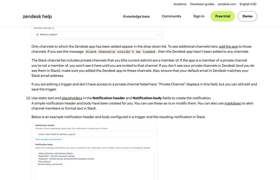 Zendesk's trigger setup showing the channel drop-down rules and the pre-filled notification header and body