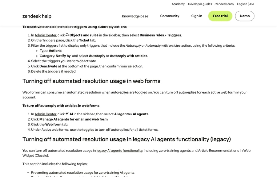 Zendesk's instructions for filtering autoreply triggers and turning off web form autoreplies