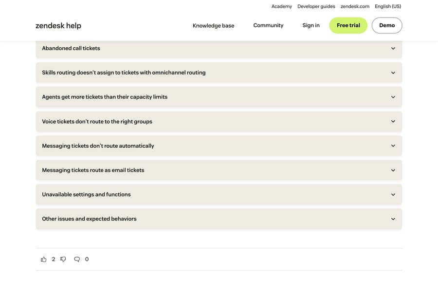 Zendesk's troubleshooting article, listing the documented omnichannel routing symptoms