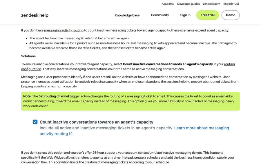 Zendesk's explanation that inactive messaging tickets stop counting toward capacity after 10 minutes
