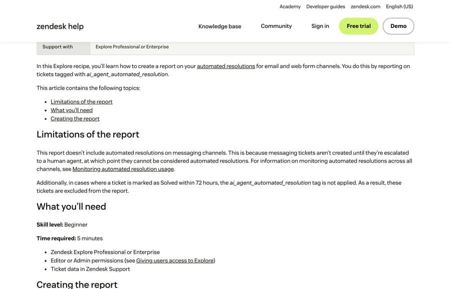 Zendesk's automated resolutions recipe and its two documented limitations