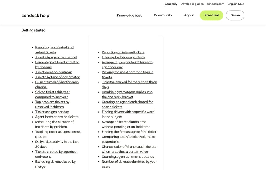 Zendesk's Explore recipes reference, listing dozens of published report recipes