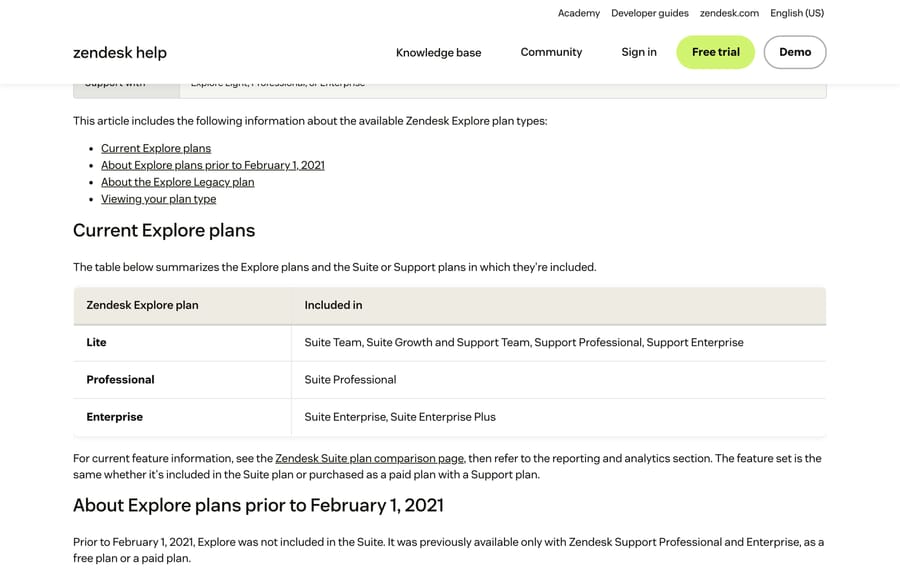 Zendesk's Explore plan table showing Lite, Professional and Enterprise and the Suite plans they come with
